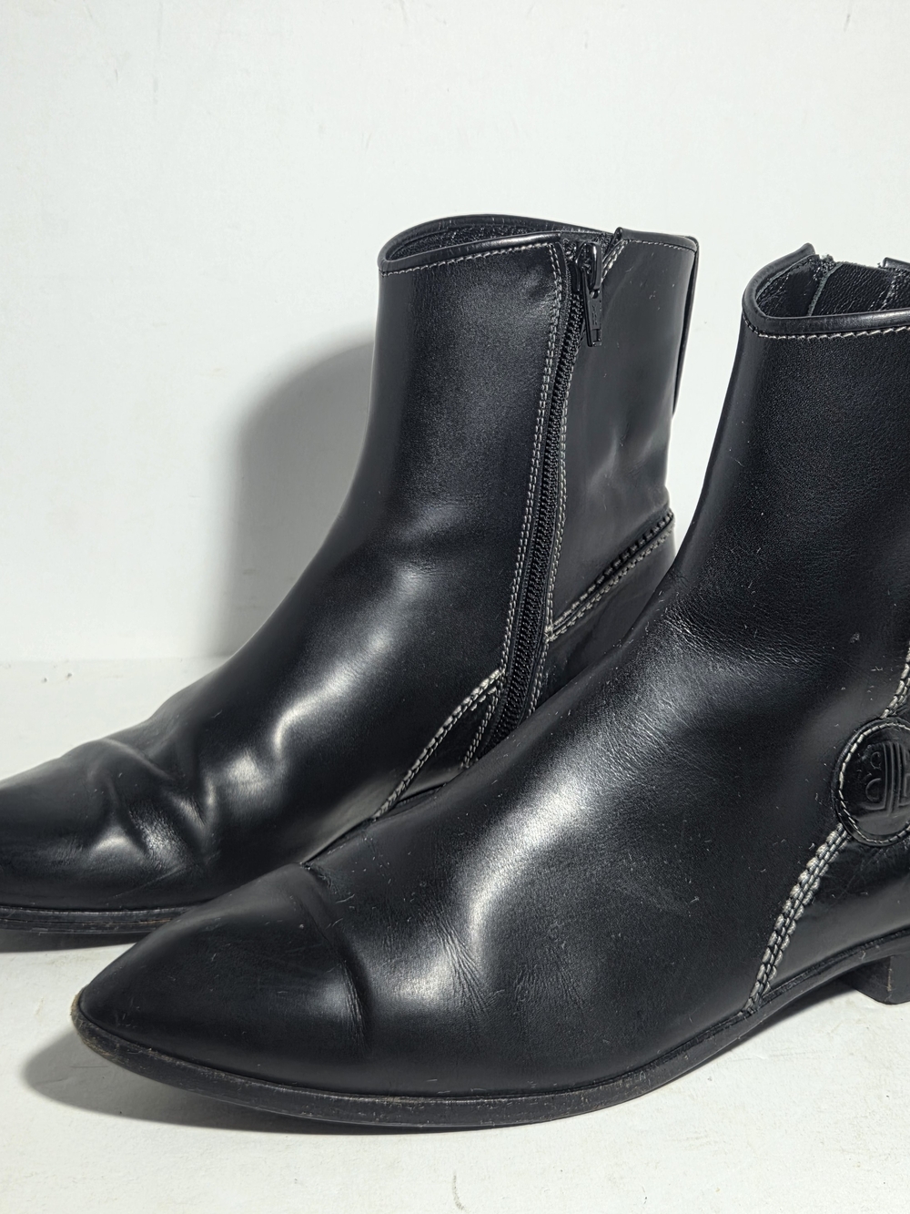 Lorenzo Banfi Black Leather Pointed Toe Ankle Boots Contrast Stitch Italy Women